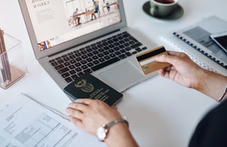 Business Person Hands Or Credit Card With Passport For Travel Purchase Or Booking Flight
