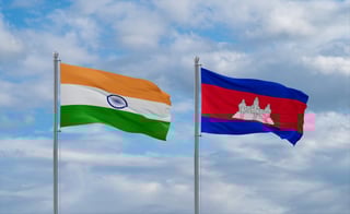 Cambodia and india flags waving together on blue cloudy sky two country relationship