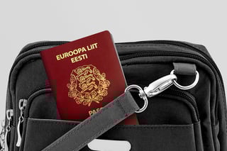 Close-up of Estonia passport in black travel bag