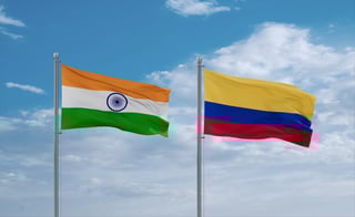 Colombia and india flags waving together in the wind on blue cloudy sky two country relationshi