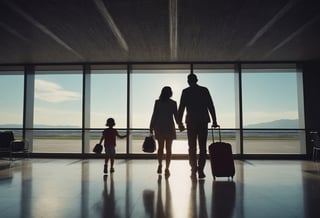 family of three is shown in an airport with the child between the two adults each