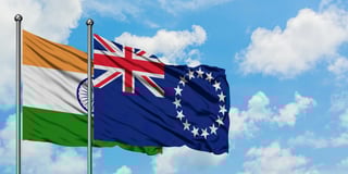 India and cook islands flag waving in the wind against white cloudy blue sky together