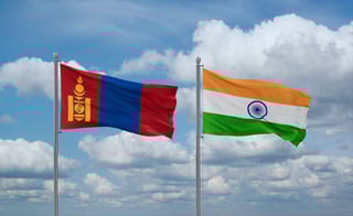India And Mongolia Flags Waving Together On Blue Cloudy Sky Two Country Relationship