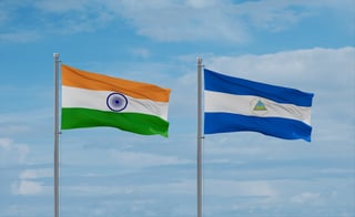 nicaragua and india flags waving together on blue cloudy sky two country relationship