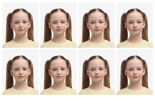 Photo d'identité : collage de fille sur fond blanc, ensemble de photos