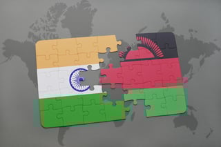 Puzzle With The National Flag Of India And Malawi On A World Map Background