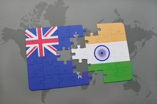 Puzzle with the national flag of New Zealand and India on a world map background