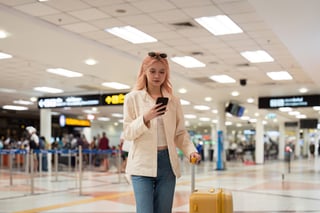 Woman Asian walking in an airport with mobile suitcase and travel with a young female