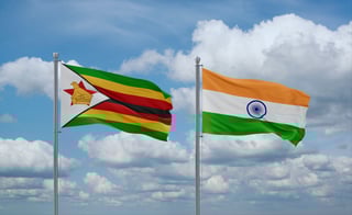 India And Zimbabwe Flags Waving Together On Blue Cloudy Sky Two Country Relationship