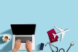 Passport medical stethoscope and laptop medical travel concept