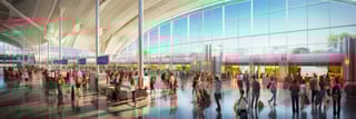 Travellers inside a busy airport