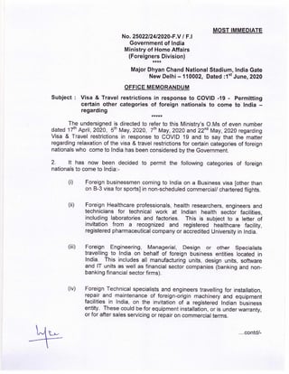 holding valid visa issued by an Indian Mission  in any category covered under Ministry of Home Affairs (MHA)