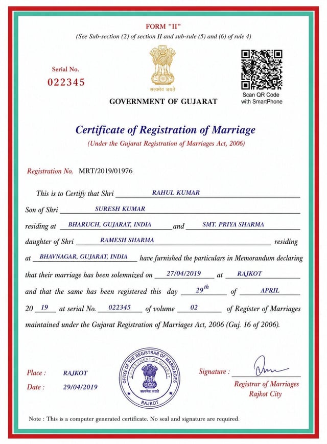 Certificado de matrimonio indio
