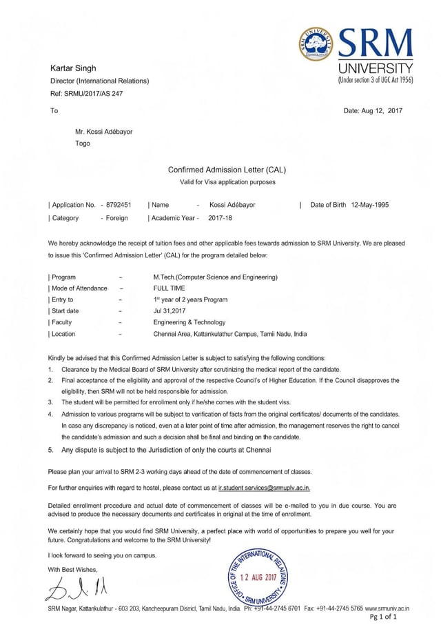 Muestra de carta de admisi&oacute;n