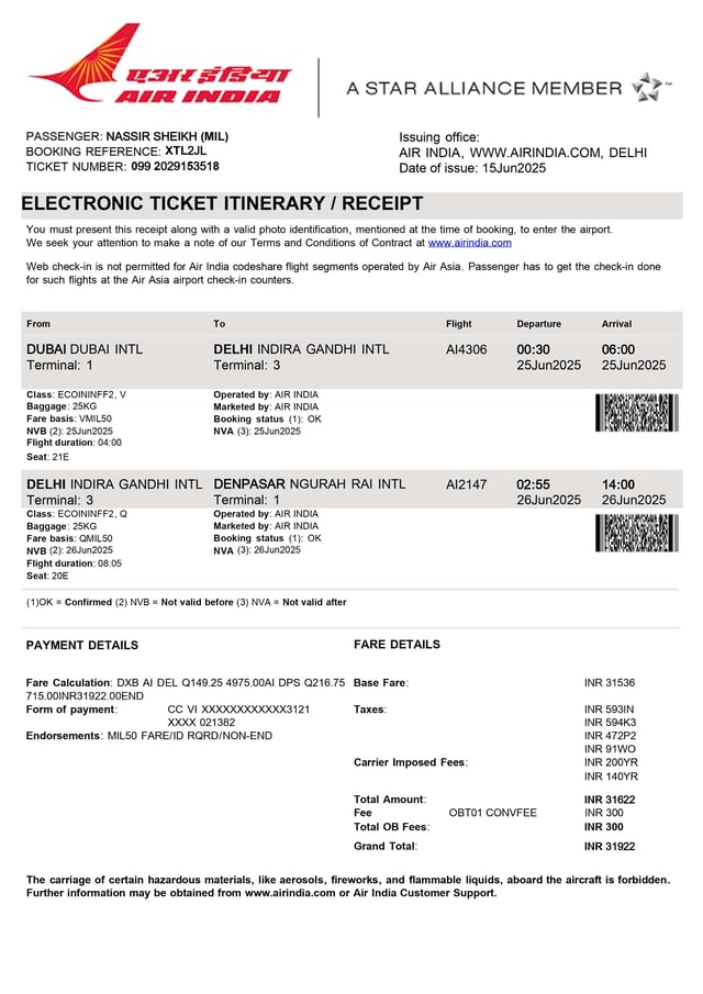 Sample Of Confirmed Flight Booking