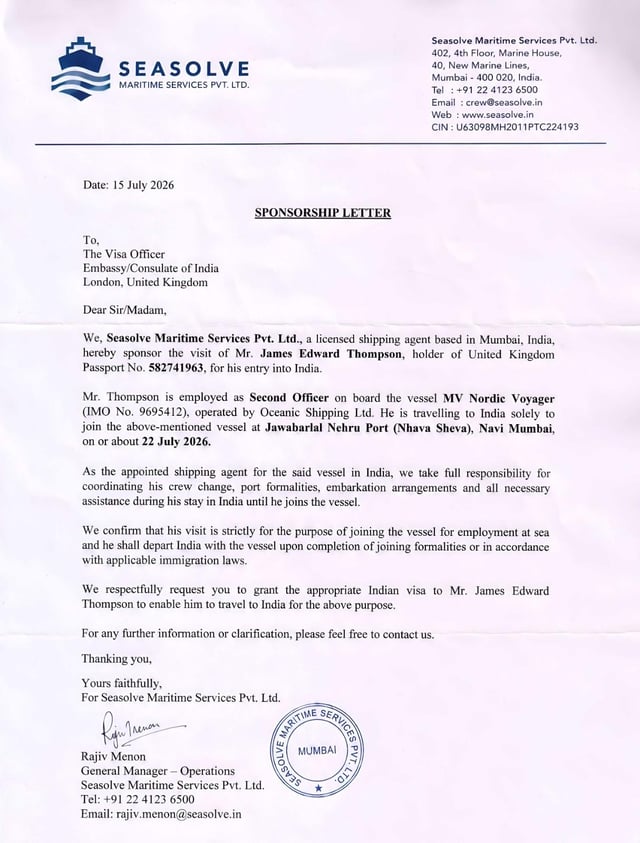 Carta de patrocinio del agente naviero