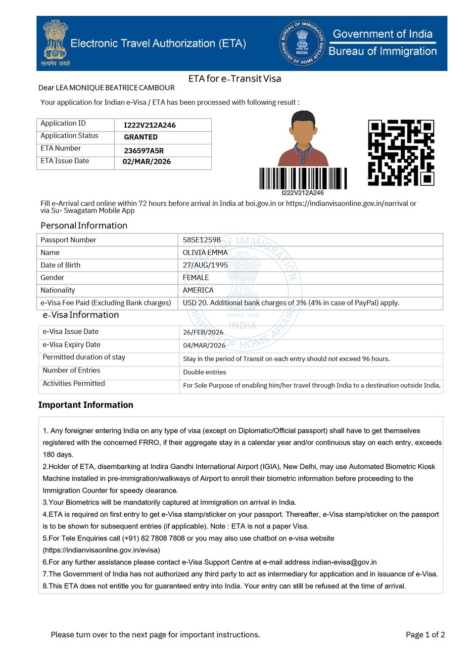 India Transit ETA Sample