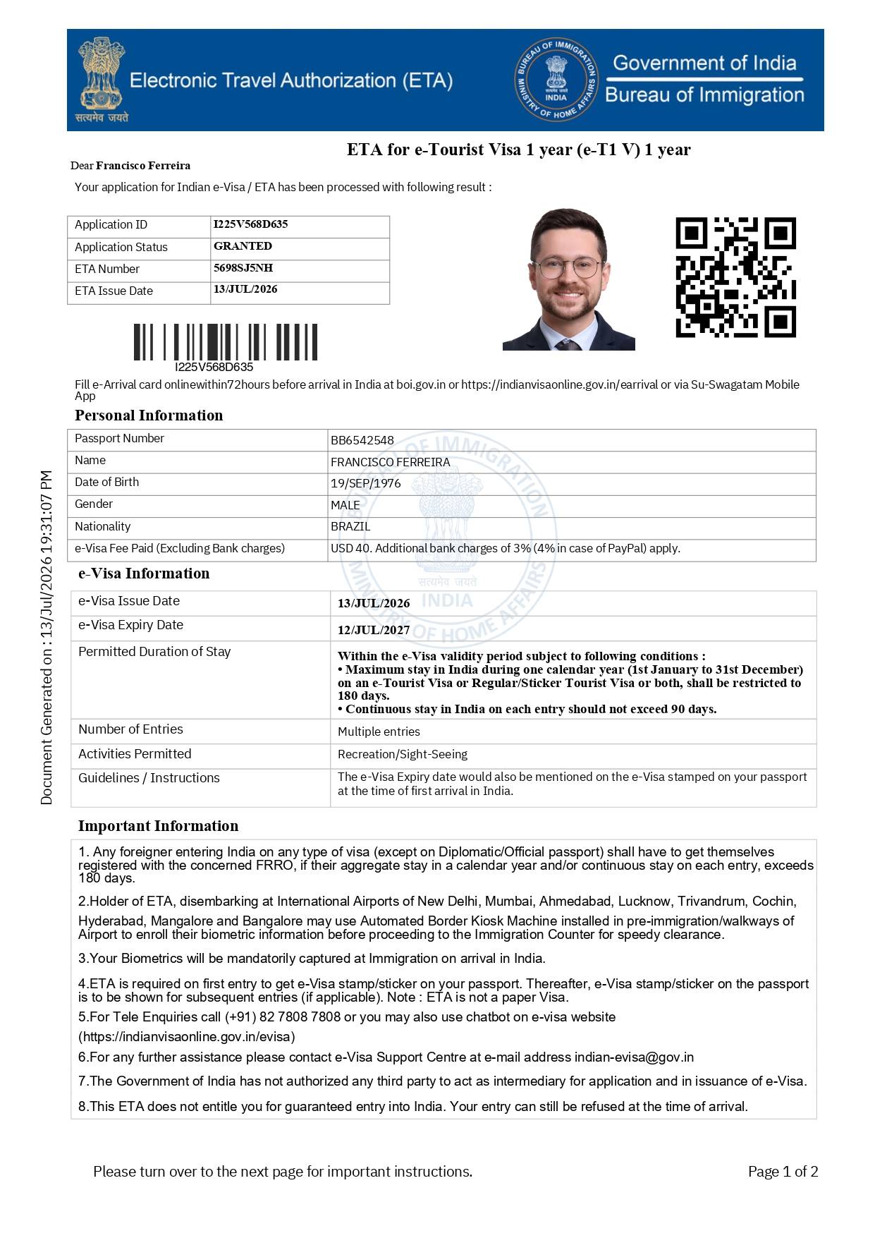 Indian 1 Years e-Tourist Visa