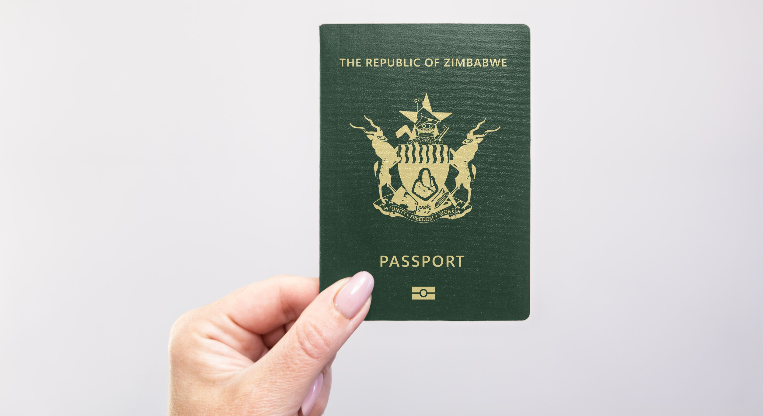Nahaufnahme eines simbabwischen Reisepasses, der in der Hand vor weißem Hintergrund gehalten wird