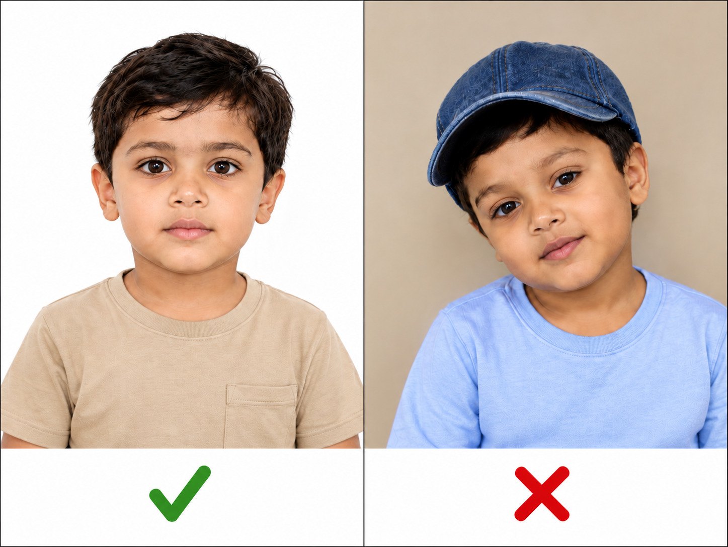 Richtige und falsche Passfotos eines Minderjährigen