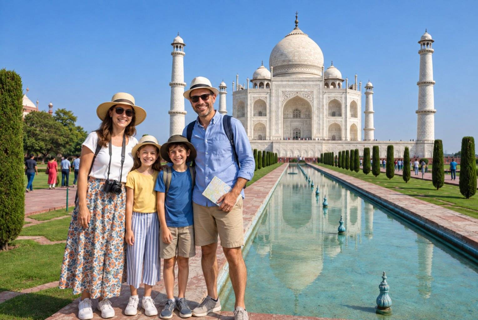Familie posiert vor dem Taj Mahal
