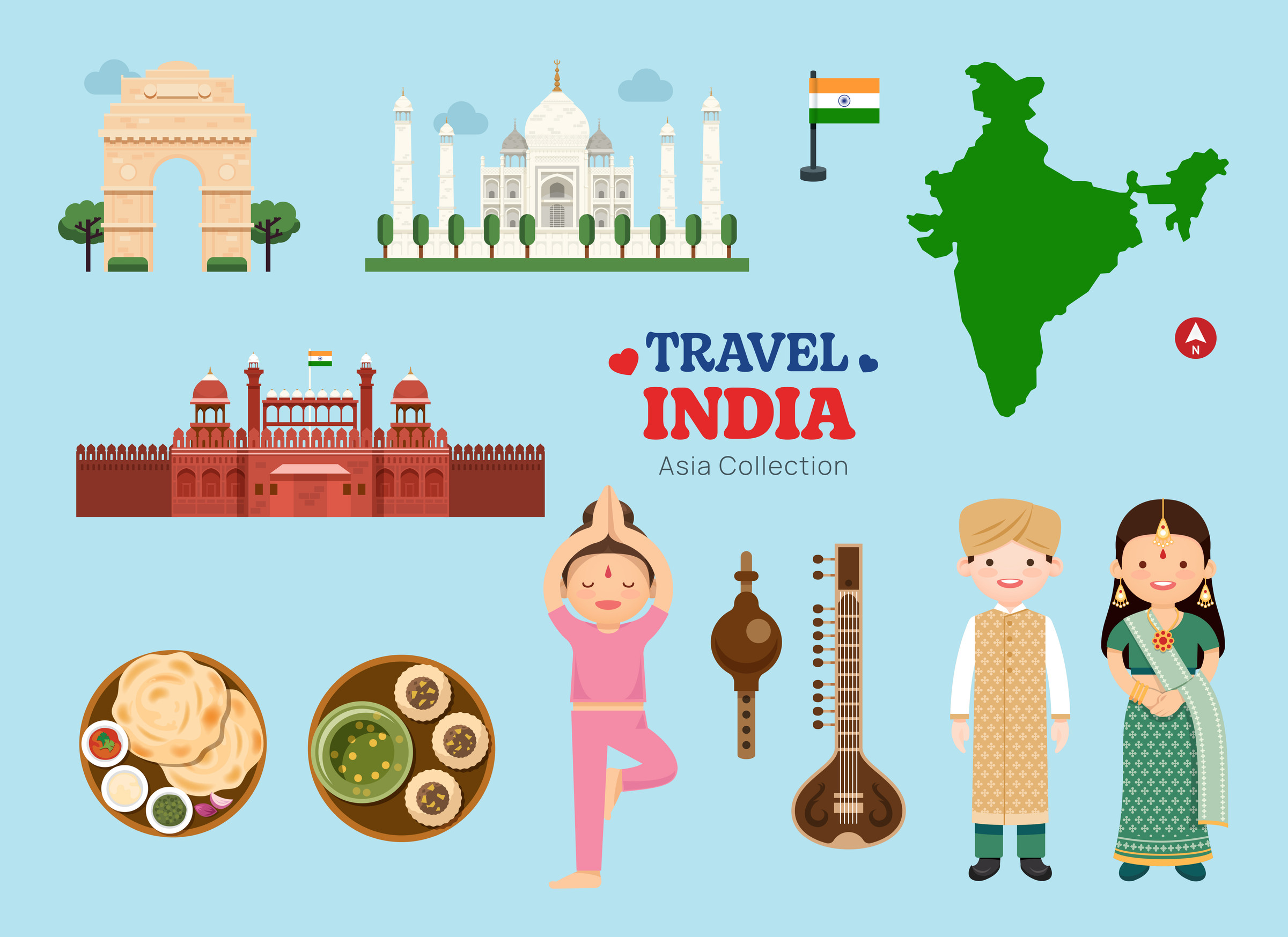 Indien Reise Flache Icons Set Indische Elemente Karte und Wahrzeichen Symbole und Objekte Sammlung