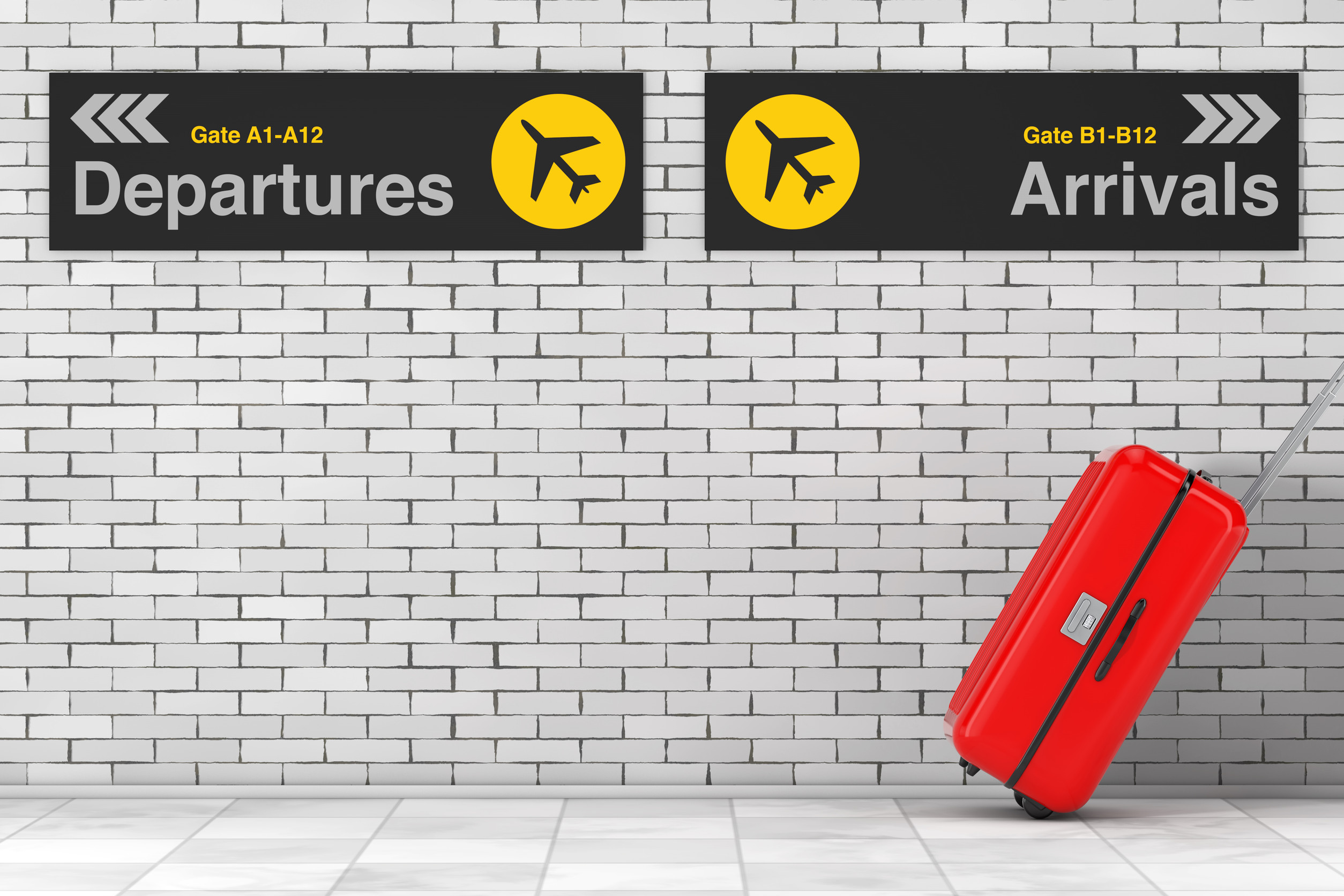 Urlaubskonzept: Roter Polycarbonat-Koffer bewegt sich vom Flughafen mit Abflug- und Ankunftsanzeigen