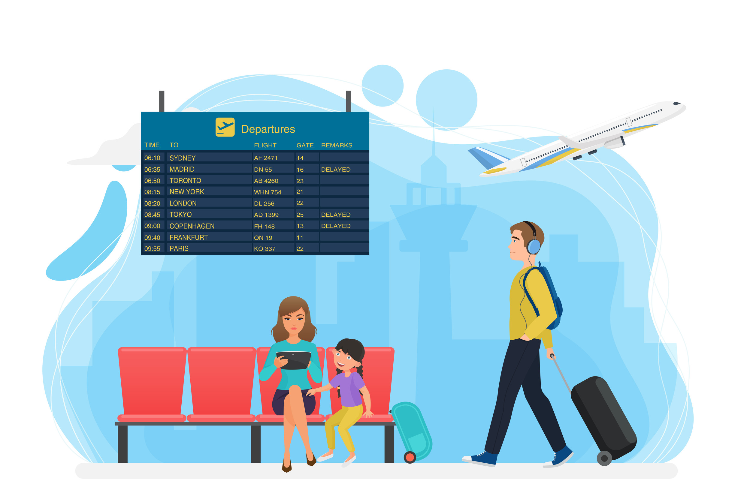 Wartebereich am Flughafen mit Anzeigetafel und Touristen – Vektorillustration