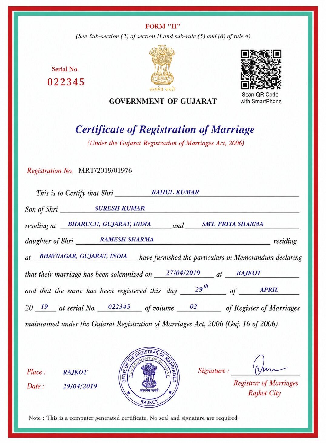 Indische Heiratsurkunde