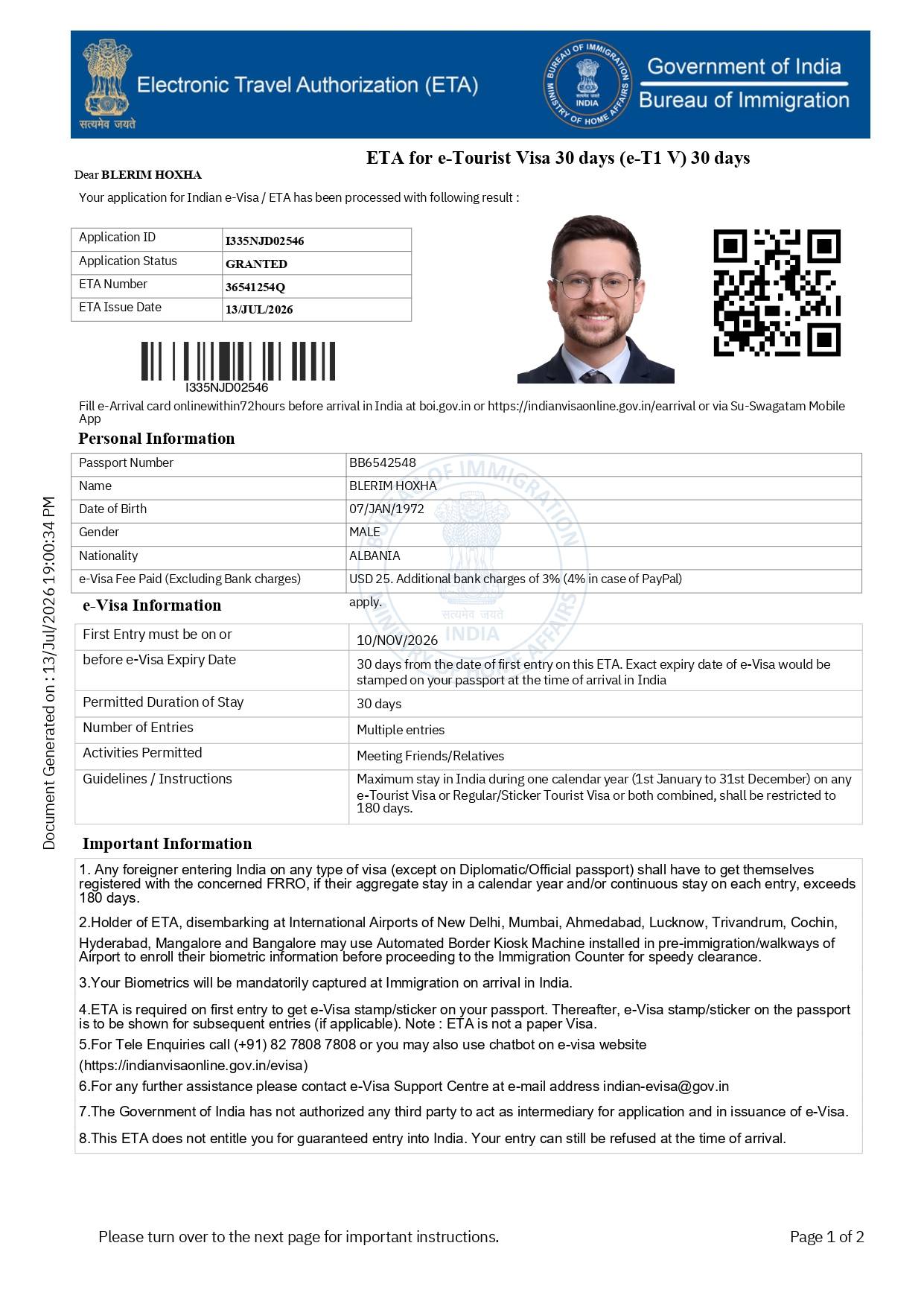 Elektronisches Touristenvisum für Indien